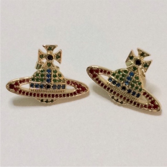 colorful Saturn Orb crystal stud earring Vivienne Westwood style - Picture 1 of 6